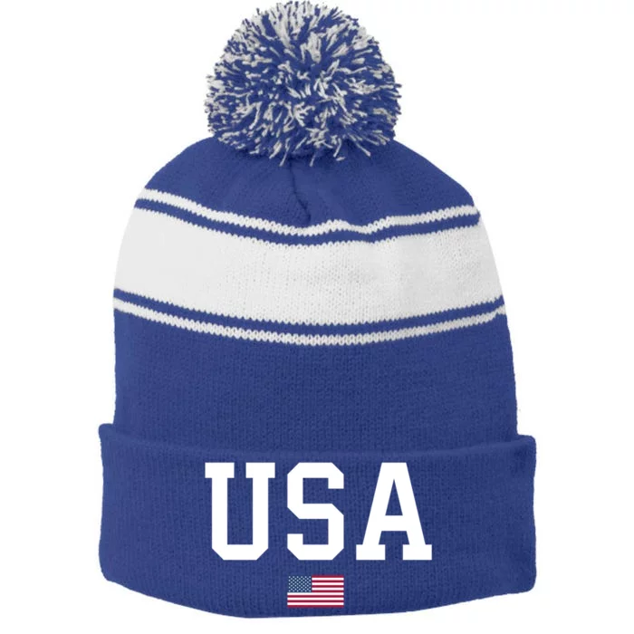 Usa Patriotic American Flag July 4th Meaningful Gift Stripe Pom Pom Beanie