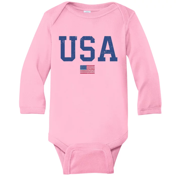 USA Patriotic American Flag Distressed Baby Long Sleeve Bodysuit