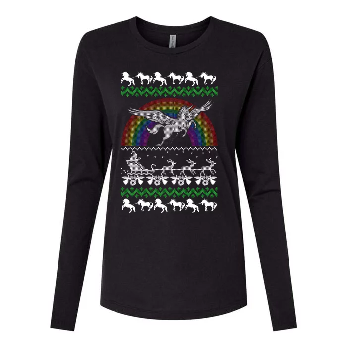 Unicorn Pegasus Flying Over Rainbow Ugly Christmas Gift Womens Cotton Relaxed Long Sleeve T-Shirt