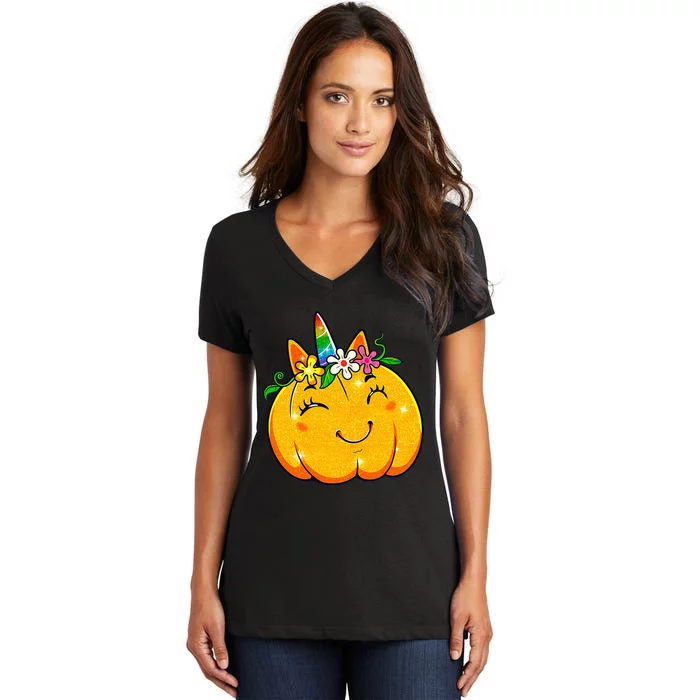 Unicorn Pumpkin Halloween Cute Thanksgiving Women's V-Neck T-Shirt