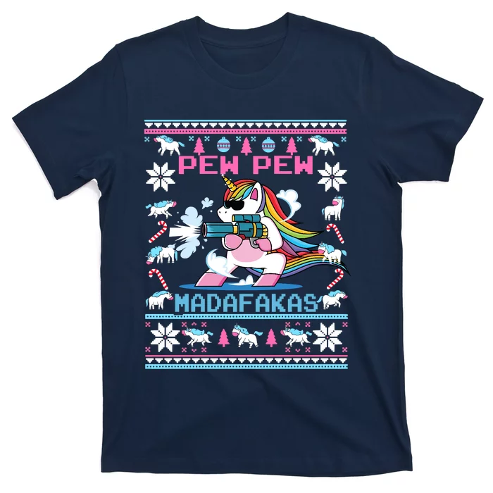 Unicorn Pew Pew Madafakas Ugly Christmas Sweater T-Shirt