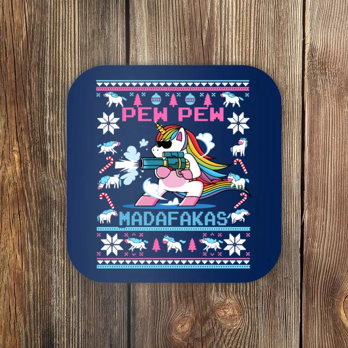 Unicorn Pew Pew Madafakas Ugly Christmas Sweater Coaster