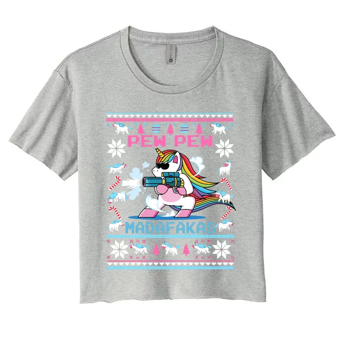 Unicorn Pew Pew Madafakas Ugly Christmas Sweater Women's Crop Top Tee