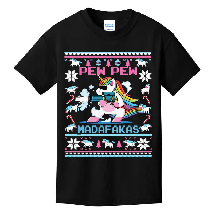 Unicorn Pew Pew Madafakas Ugly Christmas Sweater Kids T-Shirt