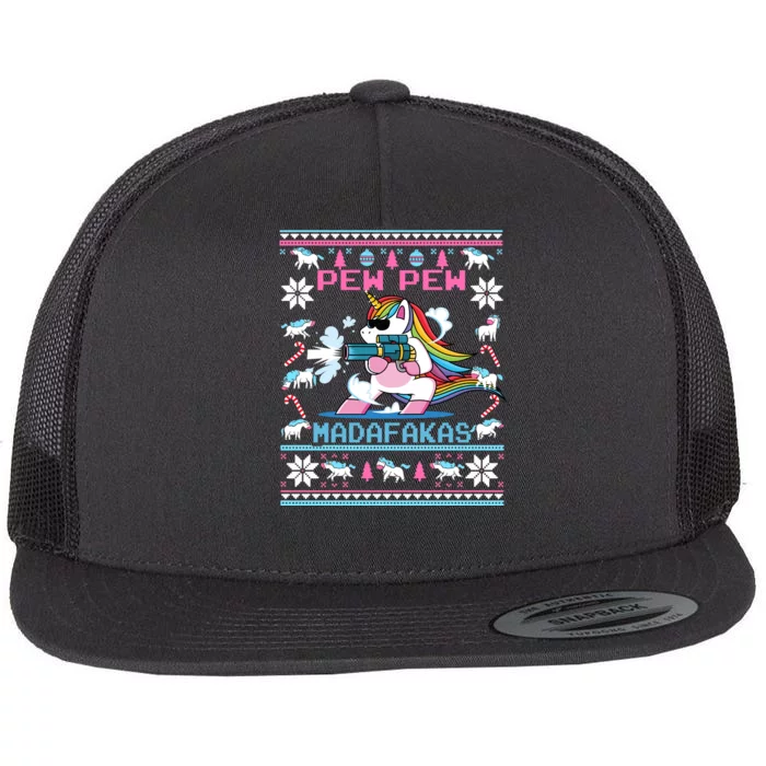 Unicorn Pew Pew Madafakas Ugly Christmas Flat Bill Trucker Hat