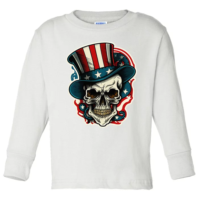 USA Proud Skull Top Hat American Flash Tattoo Retro 4th July Toddler Long Sleeve Shirt