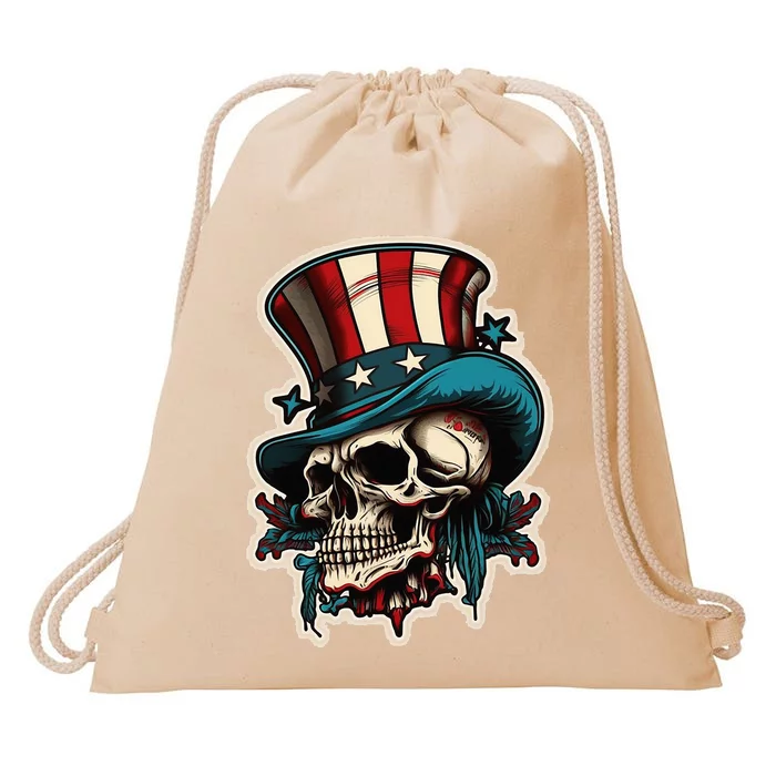 USA Proud Skull Top Hat American Flash Tattoo Retro July 4th Drawstring Bag