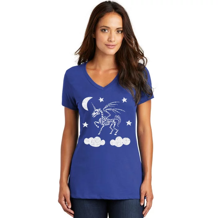 Unicorn Pegasus Skeleton Halloween Moon Stars Women's V-Neck T-Shirt