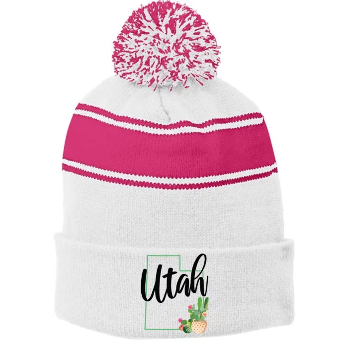 Utah Pride State Map Cactus Vintage Utah Stripe Pom Pom Beanie