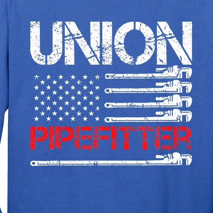 Union Pipefitter Union Strong USA American Flag Tall Long Sleeve T-Shirt