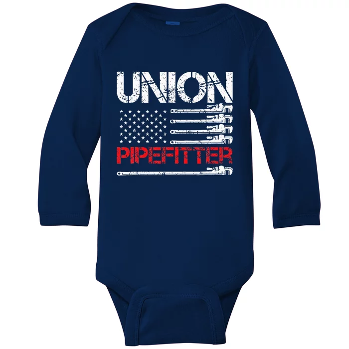 Union Pipefitter Union Strong USA American Flag Baby Long Sleeve Bodysuit