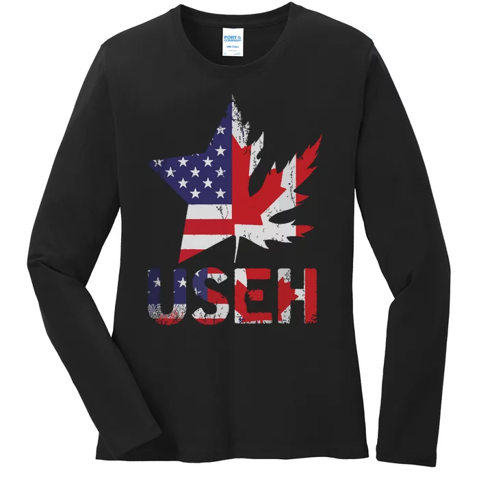 USEH Patriotic USA Star Canadian Maple Leaf Canada Ladies Long Sleeve Shirt