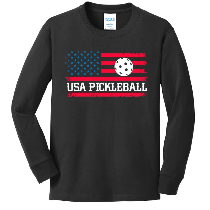 USA Pickleball Vector USA Flag Pickle Gift For Player Team Sport Kids Long Sleeve Shirt