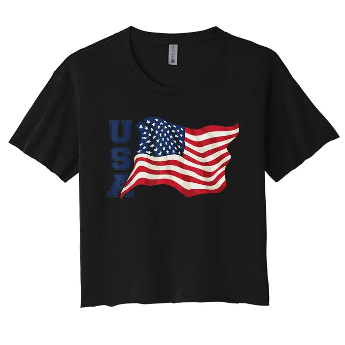 USA Patriotic Waving American Flag Design Women's Crop Top Tee