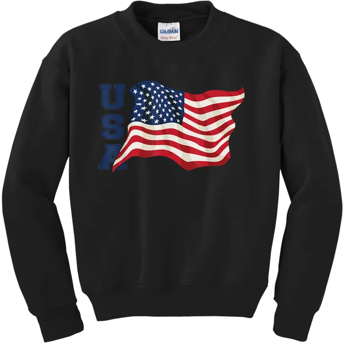 USA Patriotic Waving American Flag Design Kids Sweatshirt