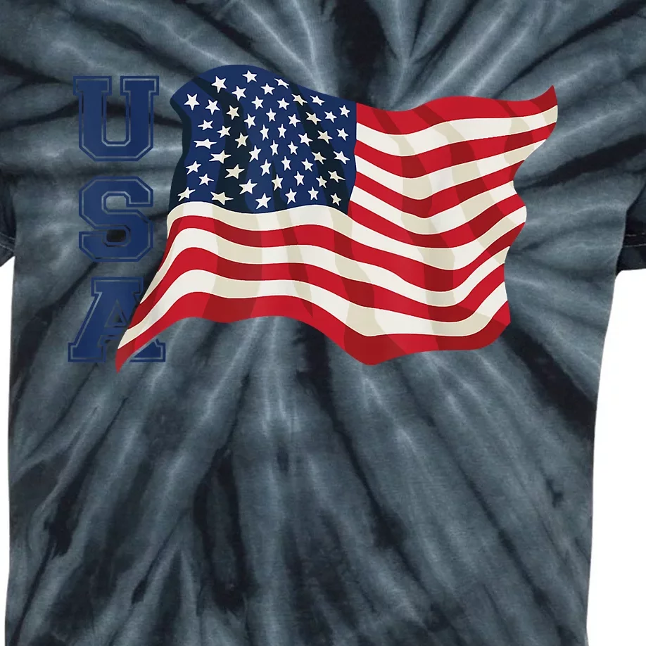 USA Patriotic Waving American Flag Design Kids Tie-Dye T-Shirt