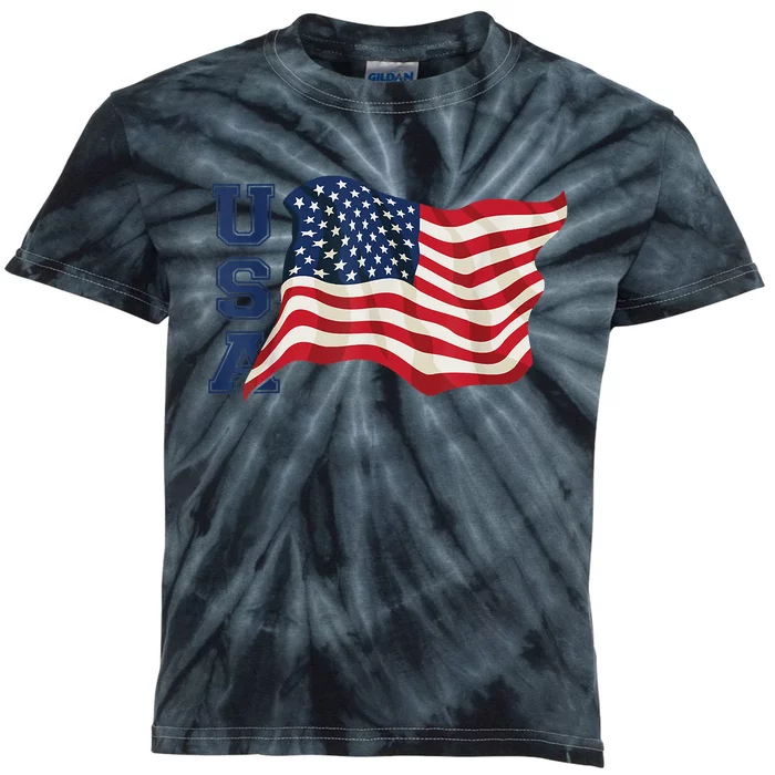 USA Patriotic Waving American Flag Design Kids Tie-Dye T-Shirt