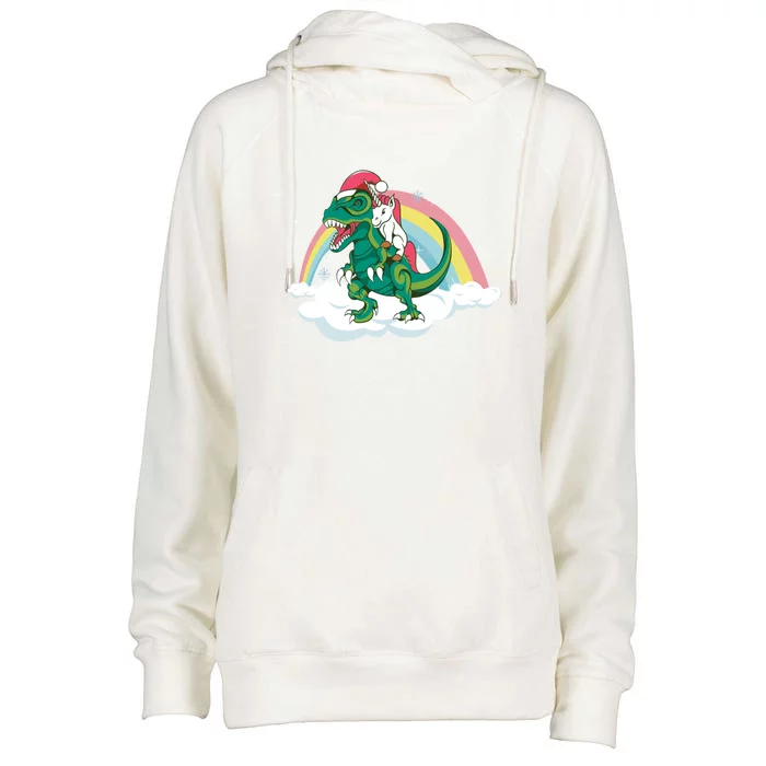 Unicorn Riding A Magical Dinosaur Christmas Santa Hat Great Gift Womens Funnel Neck Pullover Hood