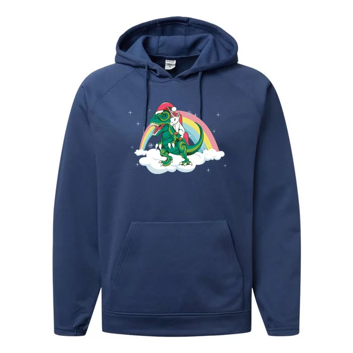 Unicorn Riding A Magical Dinosaur Christmas Santa Hat Great Gift Performance Fleece Hoodie