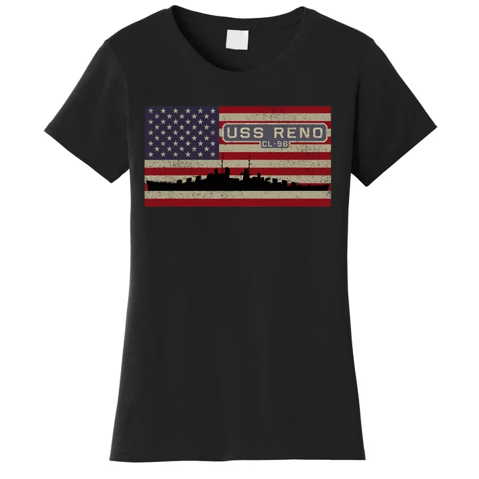 USS Reno CL96 WW2 Cruiser Ship American Flag Women's T-Shirt