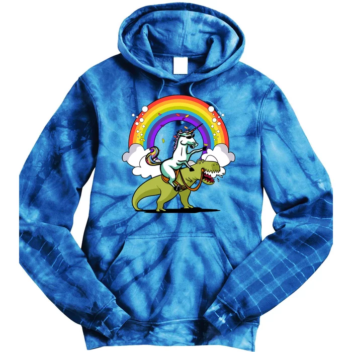 Unicorn Riding Dinosaur Funny Rainbow Party Great Gift Tie Dye Hoodie