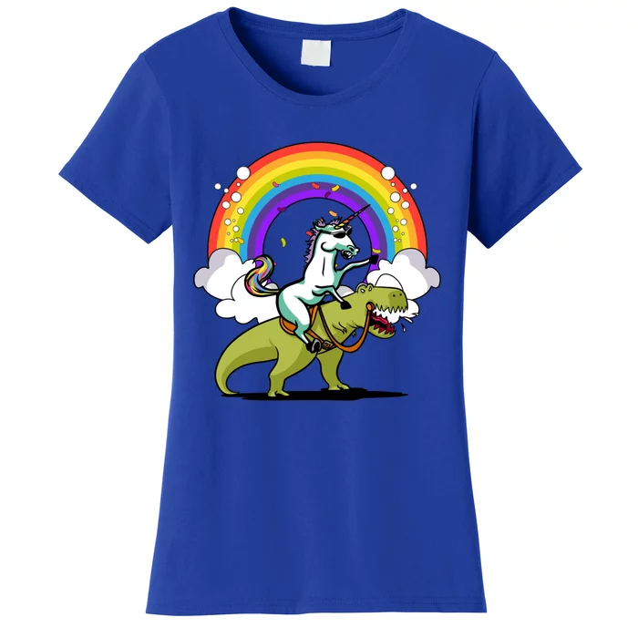 Unicorn Riding Dinosaur Funny Rainbow Party Great Gift Women's T-Shirt