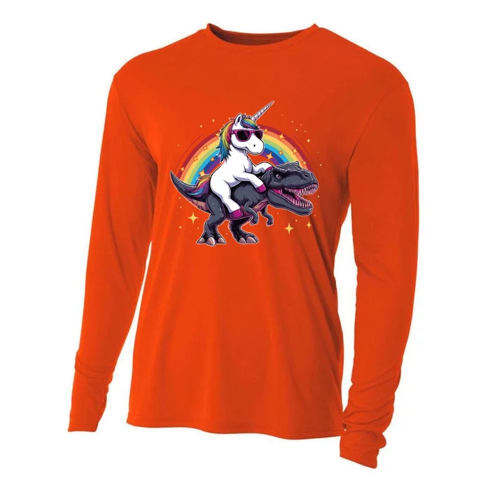 Unicorn Riding Dinosaur Funny Trex Gift Cooling Performance Long Sleeve Crew