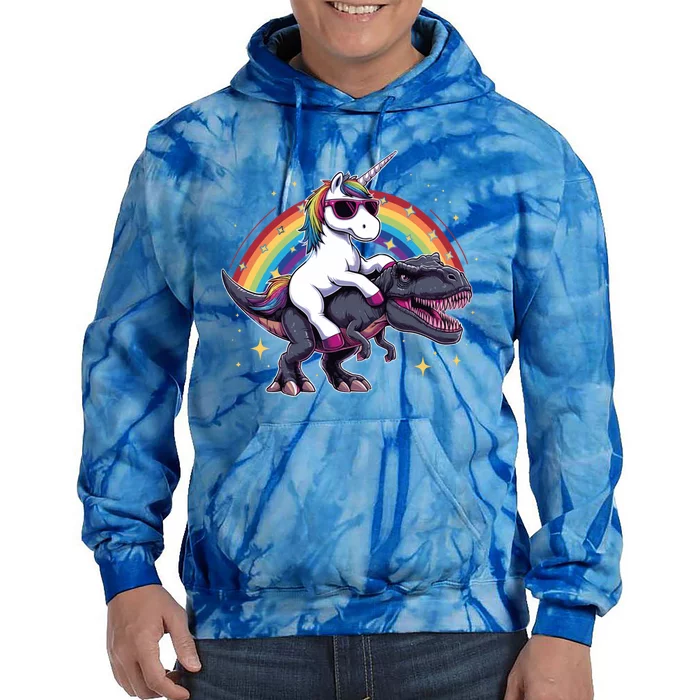 Unicorn Riding Dinosaur Funny Trex Gift Tie Dye Hoodie