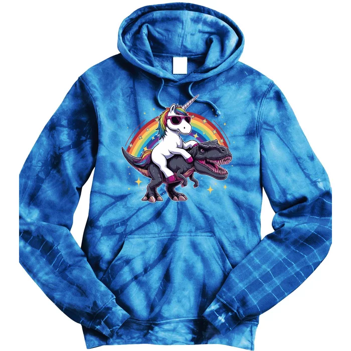 Unicorn Riding Dinosaur Funny Trex Gift Tie Dye Hoodie