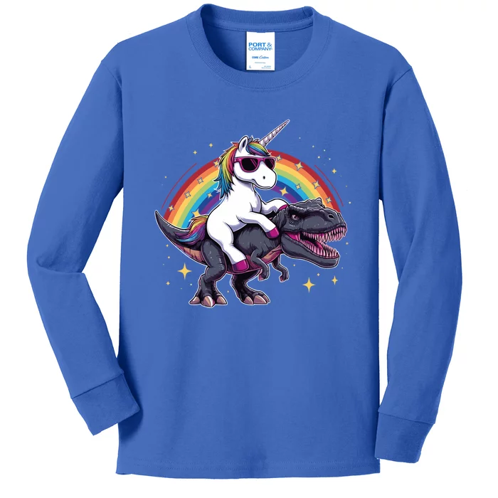 Unicorn Riding Dinosaur Funny Trex Gift Kids Long Sleeve Shirt