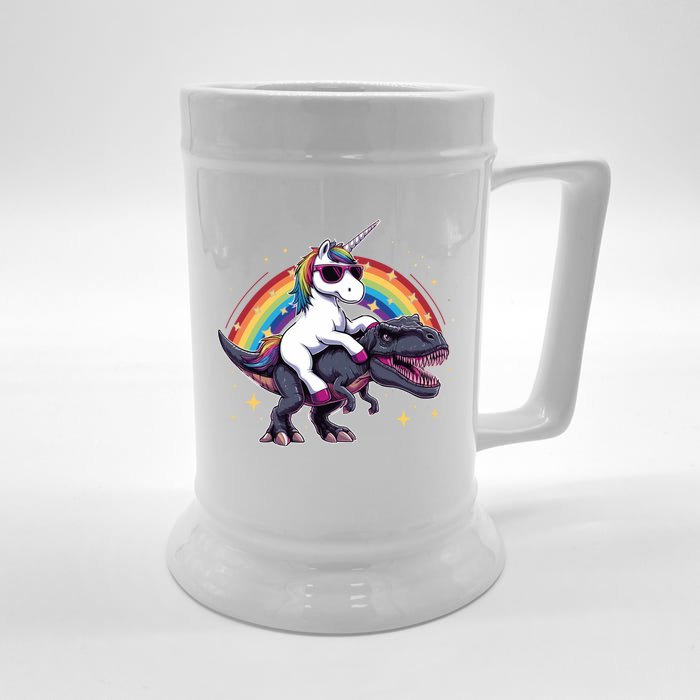 Unicorn Riding Dinosaur Funny Trex Gift Front & Back Beer Stein