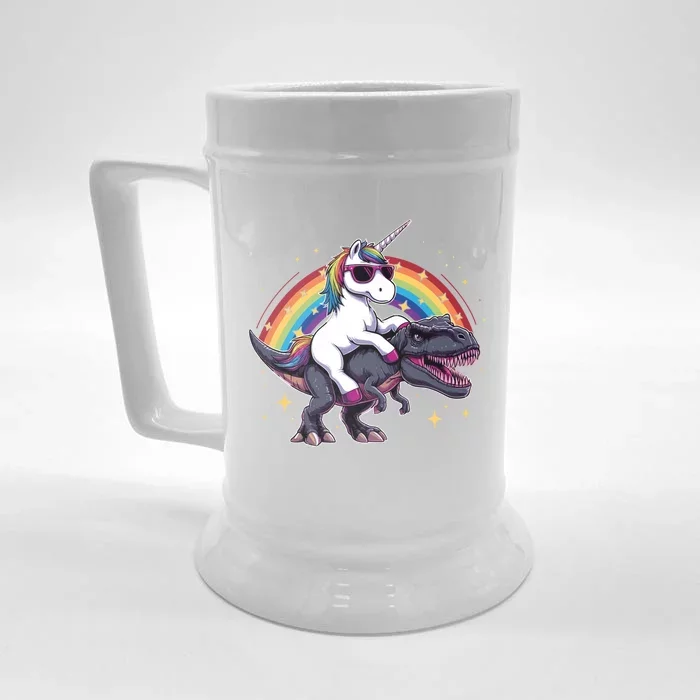 Unicorn Riding Dinosaur Funny Trex Gift Front & Back Beer Stein