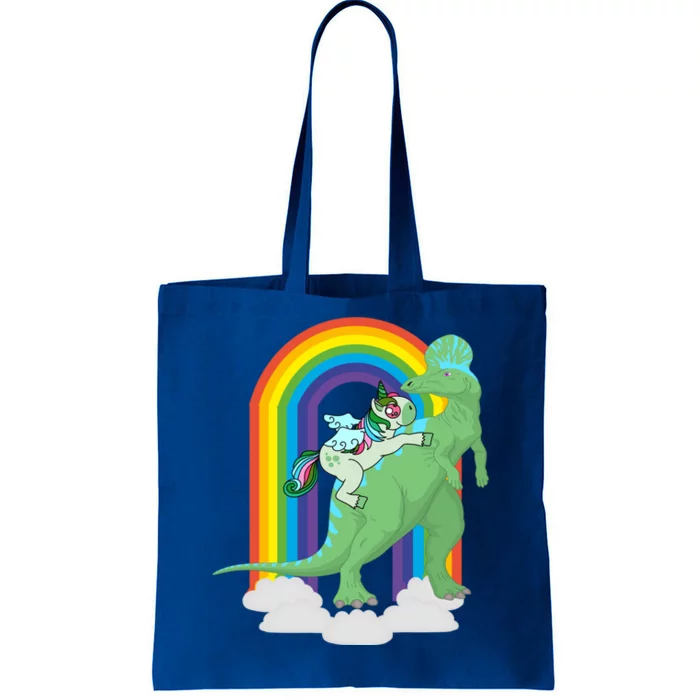 Unicorn Riding Dinosaur Gift Rainbow Gift Tote Bag