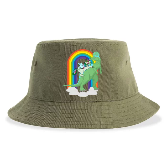 Unicorn Riding Dinosaur Gift Rainbow Gift Sustainable Bucket Hat