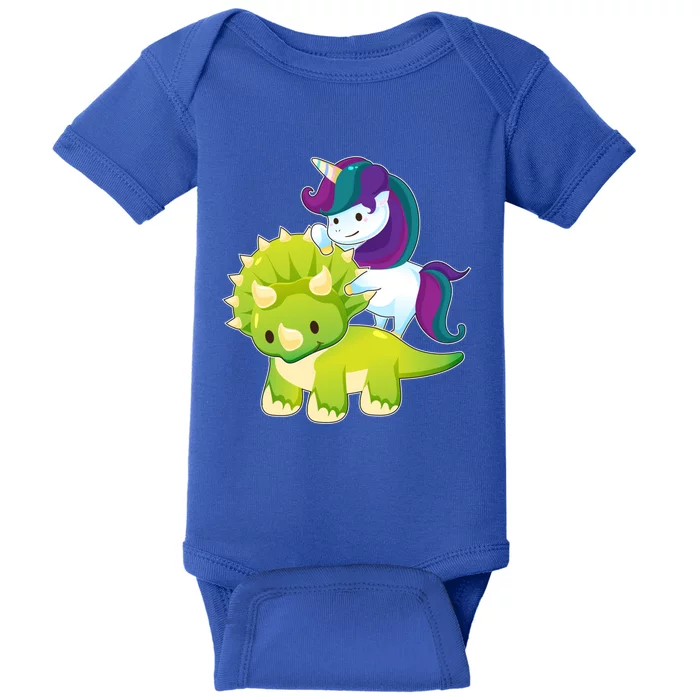 Unicorn Riding Dinosaur Funny Gift Triceratops Squad Gift Baby Bodysuit