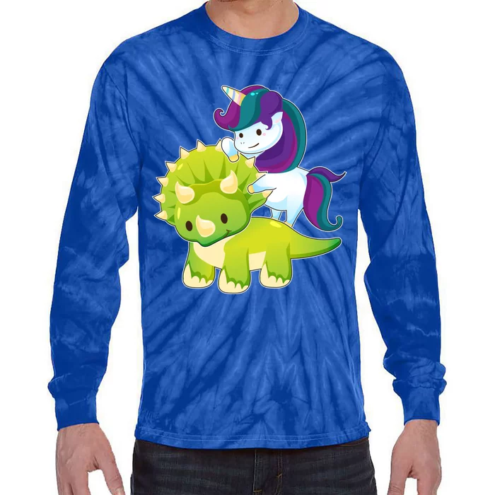 Unicorn Riding Dinosaur Funny Gift Triceratops Squad Gift Tie-Dye Long Sleeve Shirt