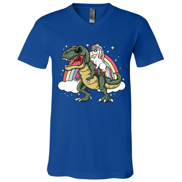 Unicorn Riding Dinosaur Gift Trex Lover Rainbow V-Neck T-Shirt