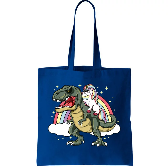 Unicorn Riding Dinosaur Gift Trex Lover Rainbow Tote Bag