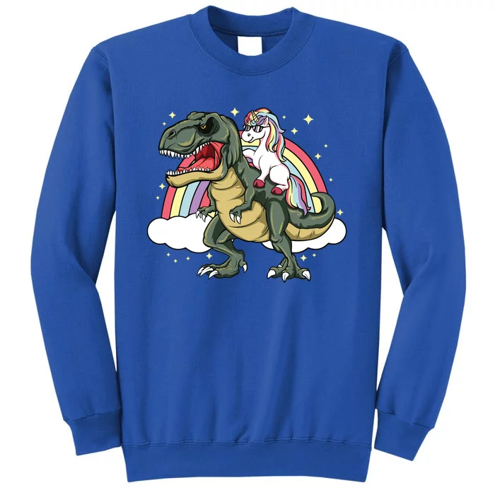 Unicorn Riding Dinosaur Gift Trex Lover Rainbow Tall Sweatshirt