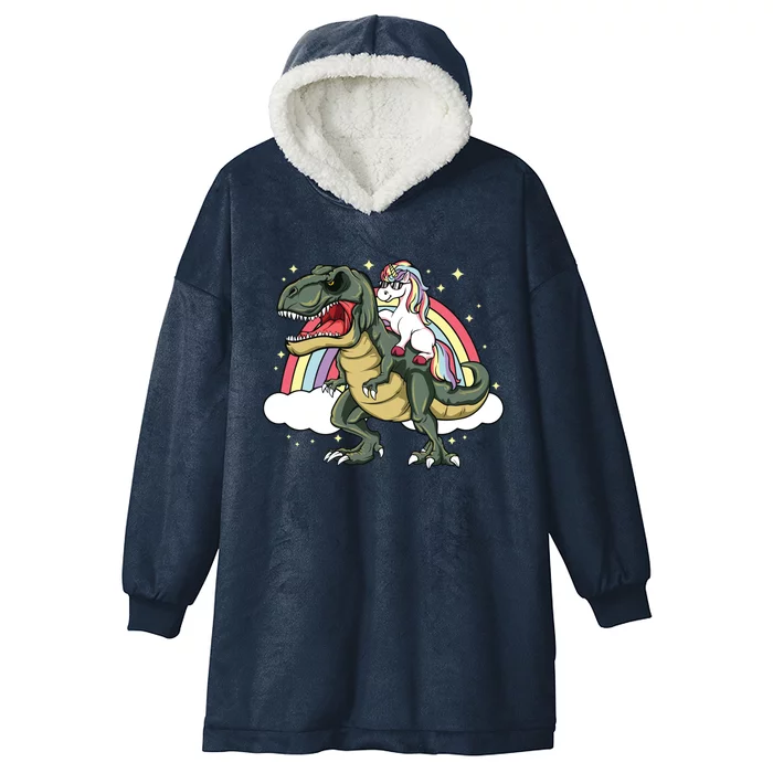 Unicorn Riding Dinosaur Gift Trex Lover Rainbow Hooded Wearable Blanket