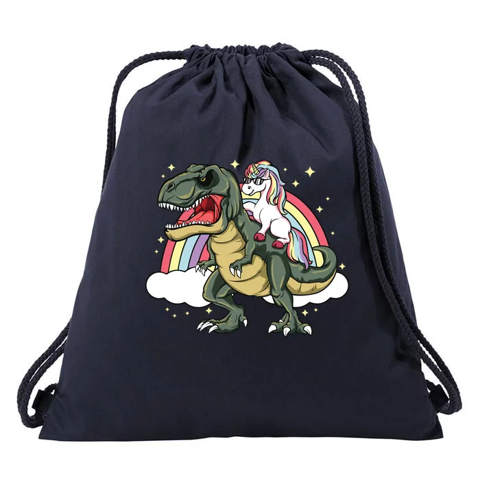 Unicorn Riding Dinosaur Gift Trex Lover Rainbow Drawstring Bag