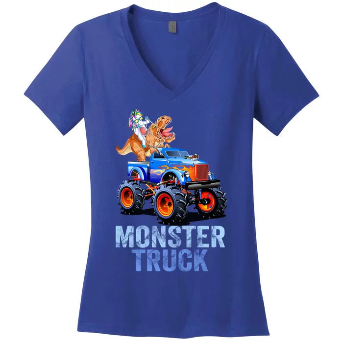 Unicorn Riding Dinosaur Monster Truck Monster Cool Engines Gift Women's V-Neck T-Shirt