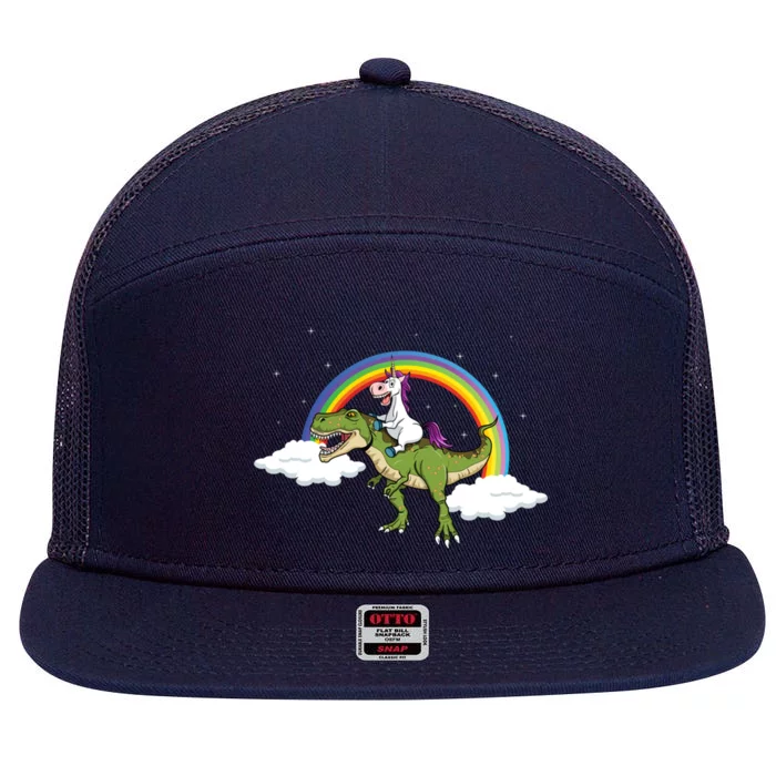 Unicorn Riding Dinosaur Rainbow Magical T Rex Gift 7 Panel Mesh Trucker Snapback Hat