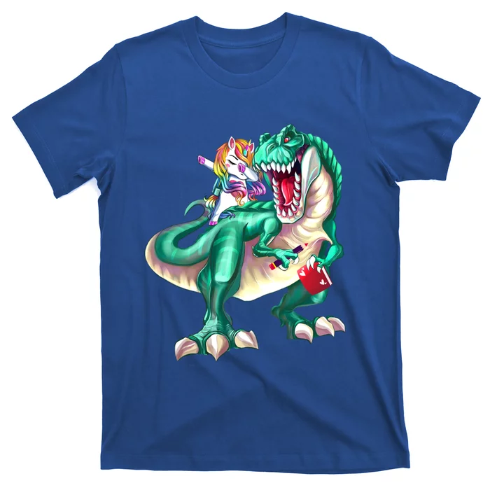 Unicorn Riding Dinosaur School Gift T-Shirt