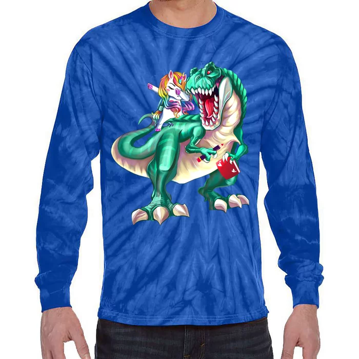 Unicorn Riding Dinosaur School Gift Tie-Dye Long Sleeve Shirt