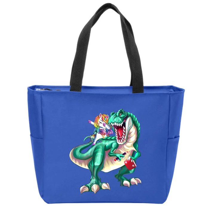 Unicorn Riding Dinosaur School Gift Zip Tote Bag