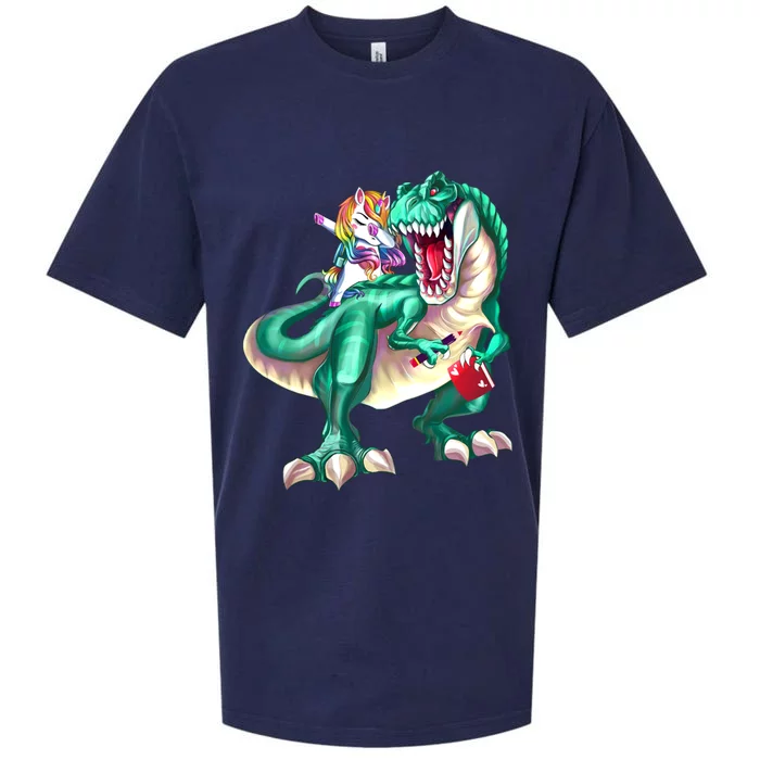 Unicorn Riding Dinosaur School Gift Sueded Cloud Jersey T-Shirt