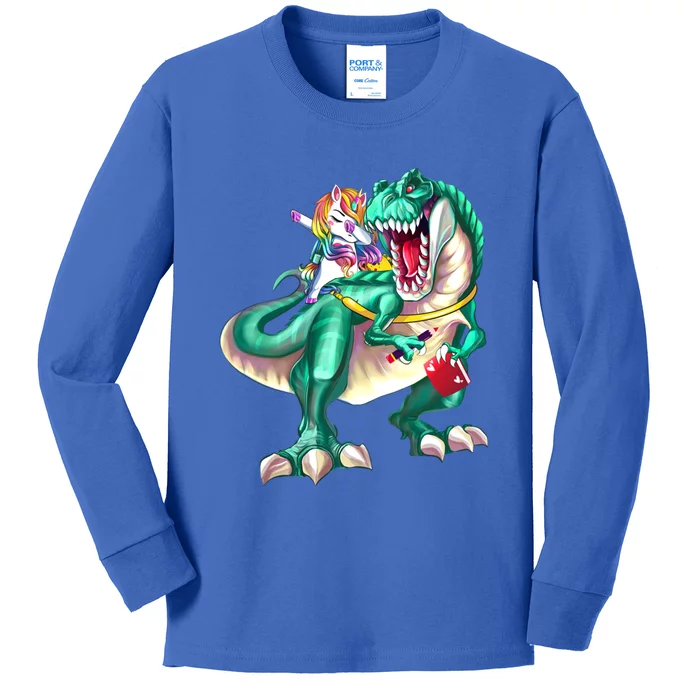 Unicorn Riding Dinosaur T Rex Funny School Meaningful Gift Kids Long Sleeve Shirt