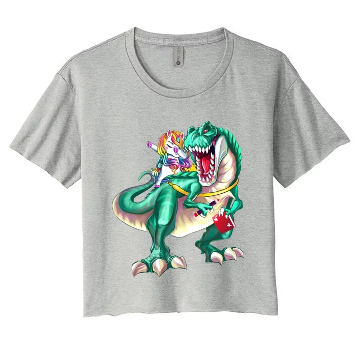 Unicorn Riding Dinosaur T Rex Funny School Meaningful Gift Women's Crop Top Tee