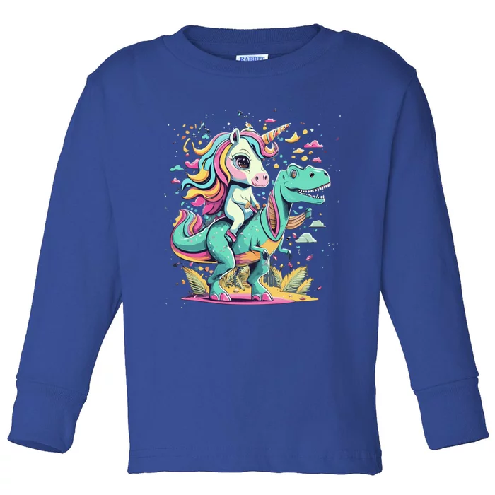 Unicorn Riding Dinosaur T Rex Cool Gift Toddler Long Sleeve Shirt